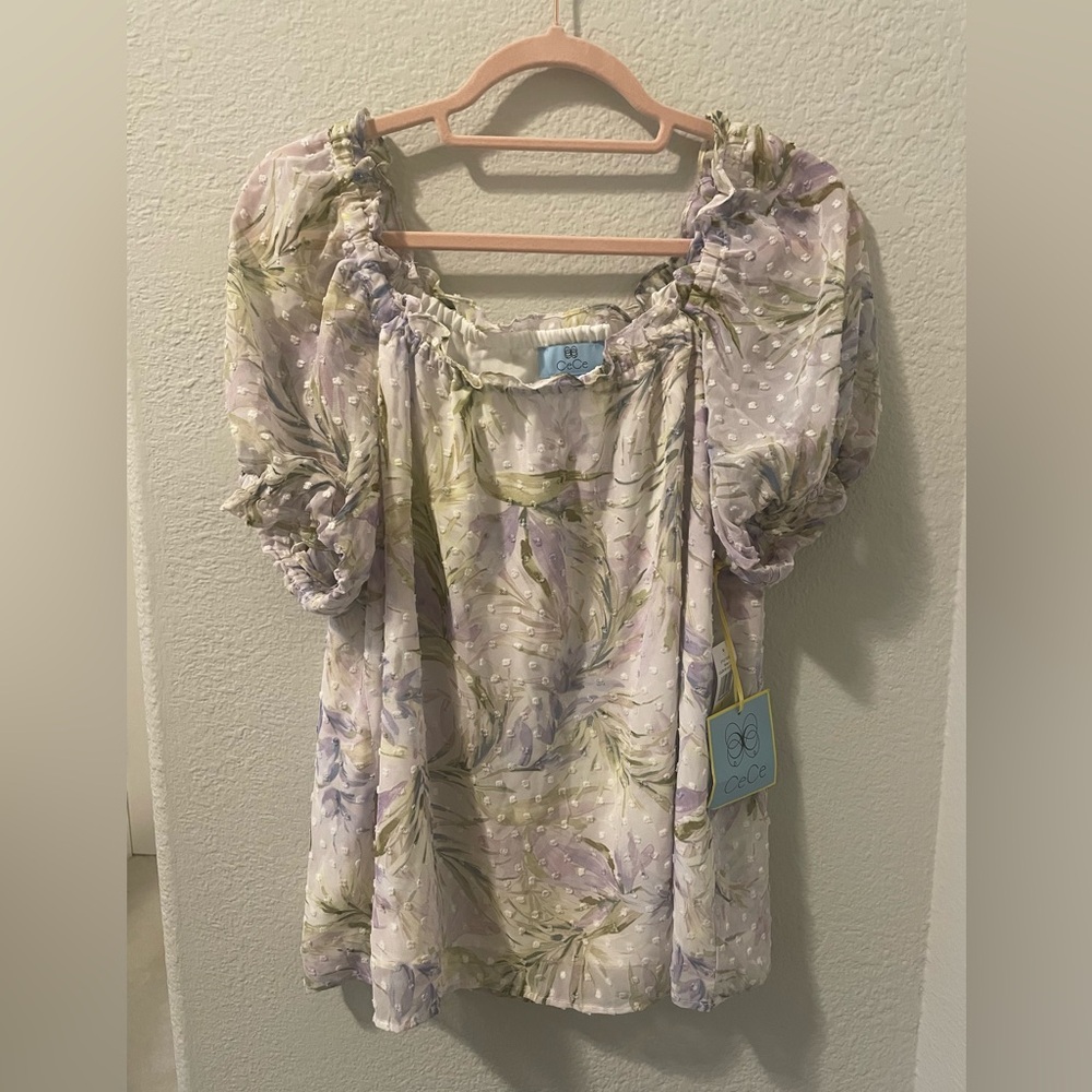 CeCe Puff Sleeve Clip Dot Top, Sz M